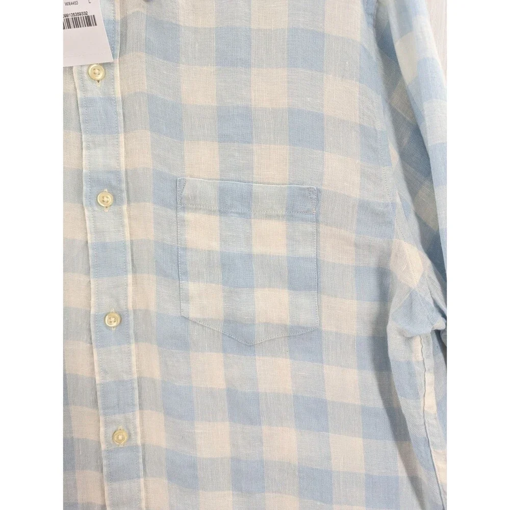J.Crew Shirt Sz L Men's Blue White Slim Linen Plaid Button Up Long Sleeve